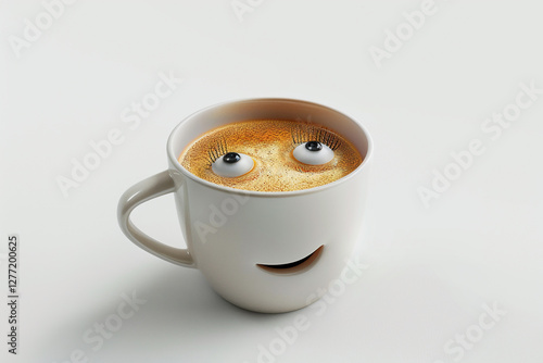 Hello new day. Template with positive cheerful character wishing good luck and nice day. Cup of coffee with friendly face and smile