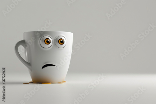 White cup with coffee Americano or espresso. Sad mug with spilled drink. haste, failure, troubles, problems, crisis, stress, Difficult day at work in office