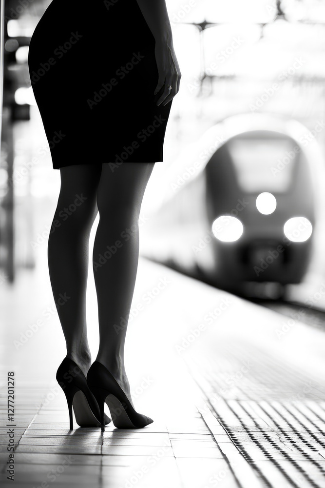 Female legs in high heels stand and wait in an outdoor train station. Woman in dress against background of station and electric train. Female legs in high heels stand and wait in an outdoor train station. Woman in dress against background of station and electric train.