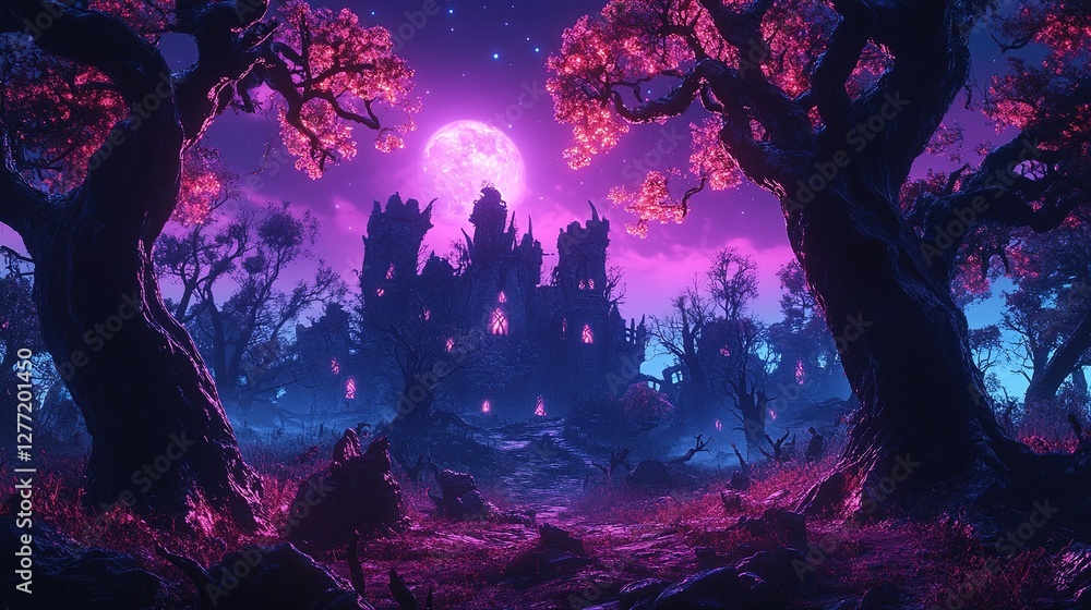 Obraz premium Mystical ruins under a full moon enchanted forest digital art fantasy landscape night scene surreal imagery
