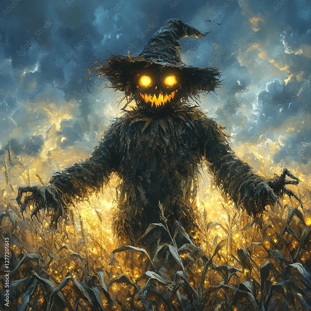 Mysterious scarecrow in golden cornfield at dusk fantasy artwork spooky atmosphere dark enigmatic viewpoint Mysterious scarecrow in golden cornfield at dusk fantasy artwork spooky atmosphere dark enigmatic viewpoint