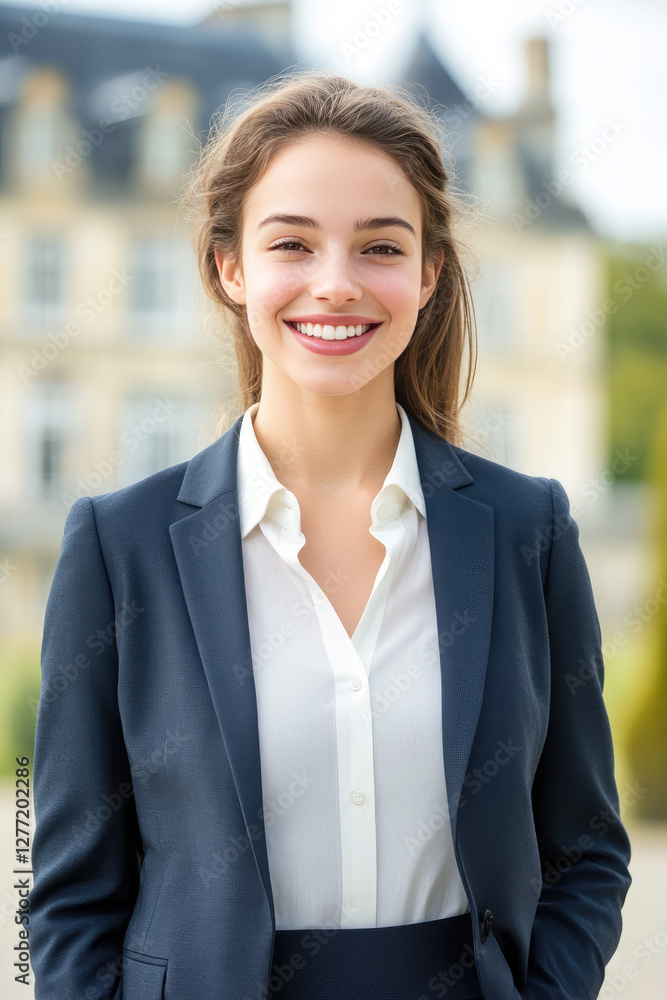 Real estate management. Smiling woman in a business suit on background of a country mansion. Real estate services for renting or buying real estate. Real estate management. Smiling woman in a business suit on background of a country mansion. Real estate services for renting or buying real estate.