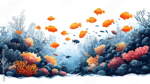 Fototapeta Naklejka Na Ścianę i Meble -  Marine life vector scene with coral reefs and fish designed with a transparent background for layering in projects