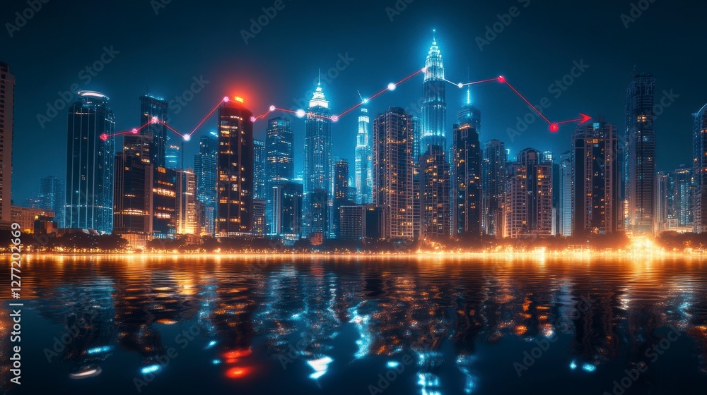 Fototapeta premium Night city skyline with financial graph reflection, urban scene