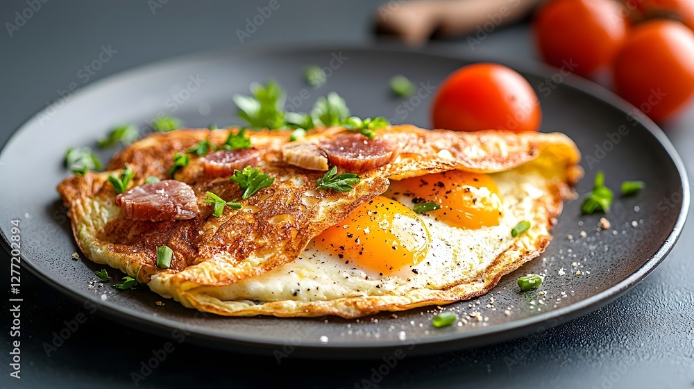 Soft and Creamy Golden Brown French Omelette with Fresh Herbs and Tomatoes A Delectable Breakfast or Brunch Dish Bursting with Flavors Soft and Creamy Golden Brown French Omelette with Fresh Herbs and Tomatoes A Delectable Breakfast or Brunch Dish Bursting with Flavors