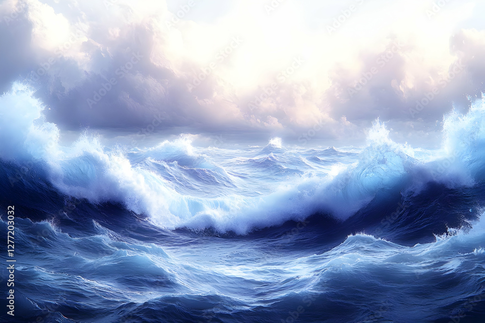 Fototapeta premium Dramatic Ocean Waves Crashing Under Cloudy Sky in the Horizon Landscape