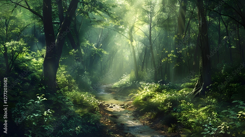 Lush Forest Path Basking in the Serenity of Dappled Sunlight and a nearby Burbling Stream Lush Forest Path Basking in the Serenity of Dappled Sunlight and a nearby Burbling Stream