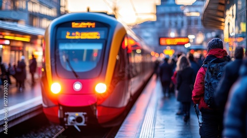 A vibrant train station scene bustling with travelers waiting as the train arrives, illuminated by warm lights during sunset, capturing the energy of daily commuting in motion.