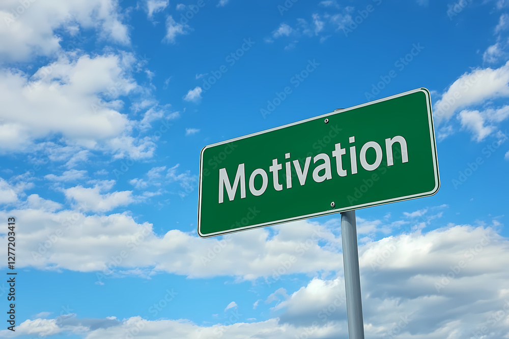 Motivational Sign against Sky: A vibrant green road sign bearing the word Motivational Sign against Sky: A vibrant green road sign bearing the word