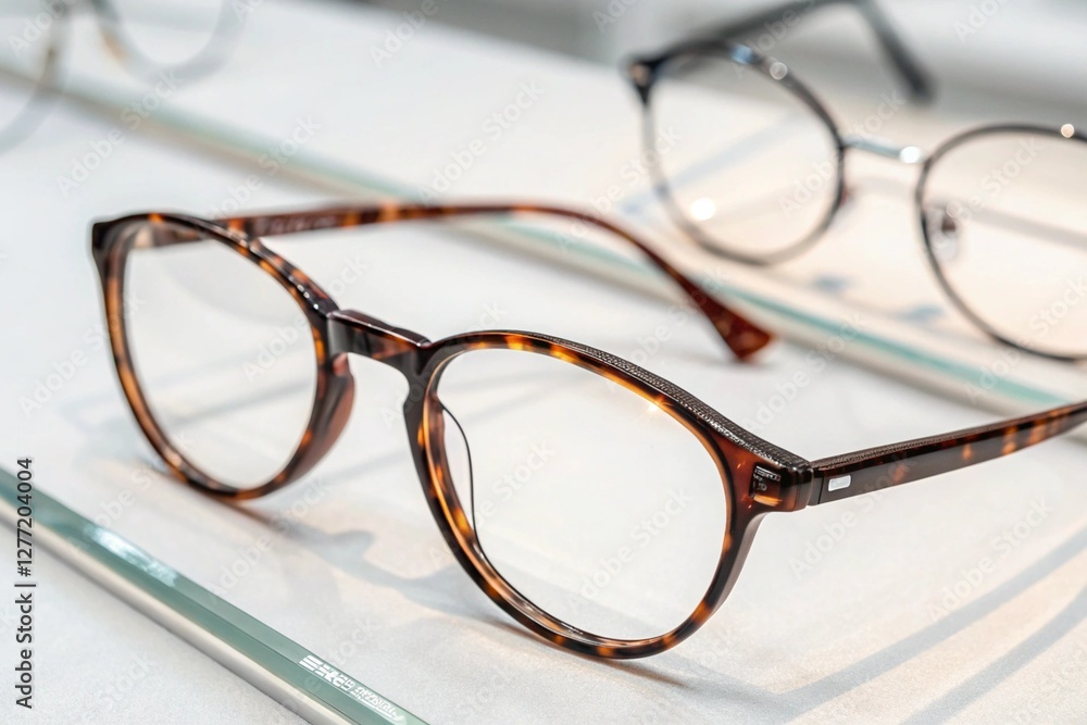 Stylish eyeglasses displayed on a white showcase in store Stylish eyeglasses displayed on a white showcase in store