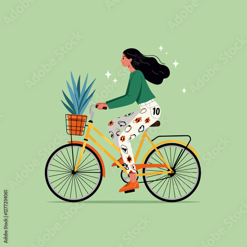 Woman Riding Bicycle with Plant in Basket on Green Background