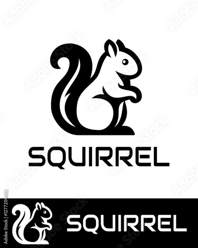 A black and white vector illustration of a squirrel logo, featuring a stylized squirrel with a bushy tail in a modern and minimalistic design