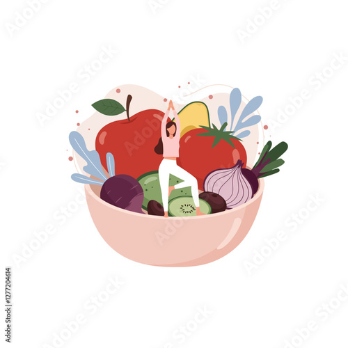 Woman Practicing Yoga in Bowl with Fresh Fruits and Vegetables