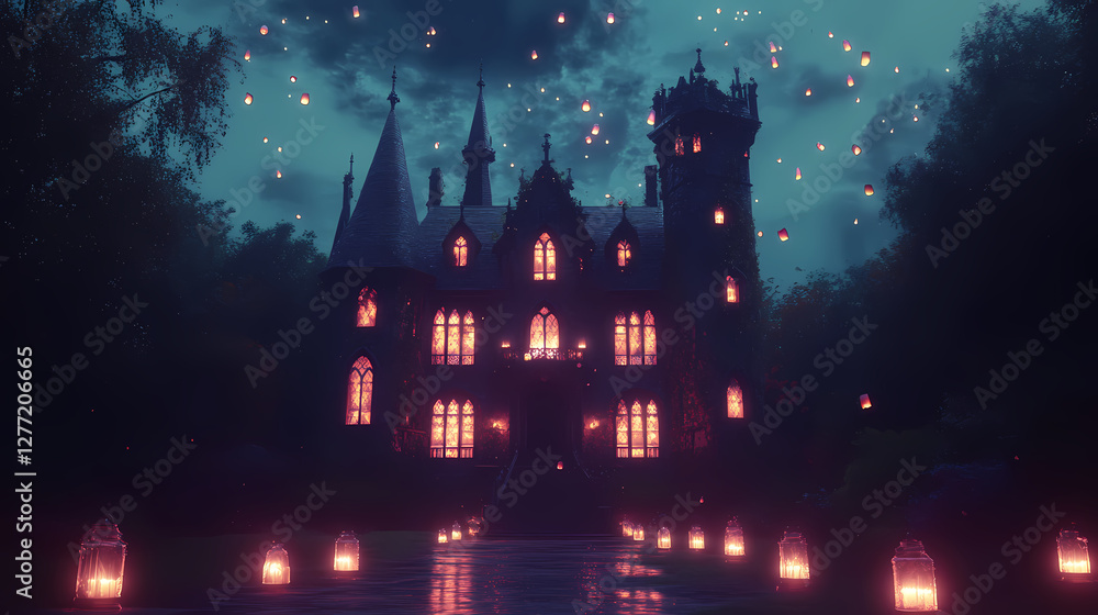 Mysterious gothic mansion illuminated at dusk with glowing windows and flickering lanterns. Ghostly Flickering Lanterns. Illustration Mysterious gothic mansion illuminated at dusk with glowing windows and flickering lanterns. Ghostly Flickering Lanterns. Illustration