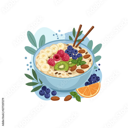 Oatmeal Bowl with Fruits and Nuts Illustration for Healthy Breakfast