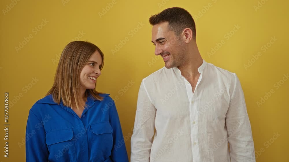 Man and woman joyfully fist bump in front of a vibrant yellow background, showcasing their hispanic heritage and warm relationship in a joyful and bright setting. Man and woman joyfully fist bump in front of a vibrant yellow background, showcasing their hispanic heritage and warm relationship in a joyful and bright setting.