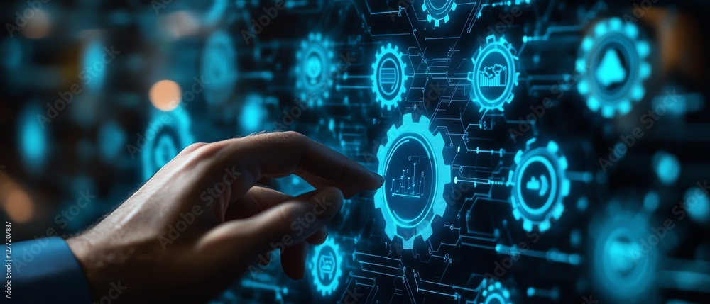 RPA technology in business automation, businessman interacting with gear icons and seamless data integration across applications on a network RPA technology in business automation, businessman interacting with gear icons and seamless data integration across applications on a network