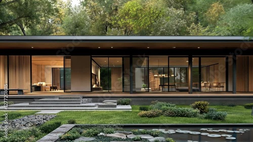 Modern architectural design of a serene house surrounded by nature in a tranquil garden setting