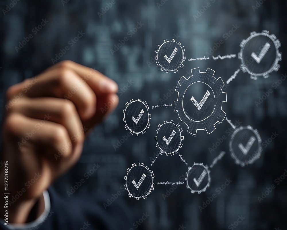 Business process automation technology BPA, businessman interacting with gears and checkmark icons in a digital flowchart, modern business solution Business process automation technology BPA, businessman interacting with gears and checkmark icons in a digital flowchart, modern business solution