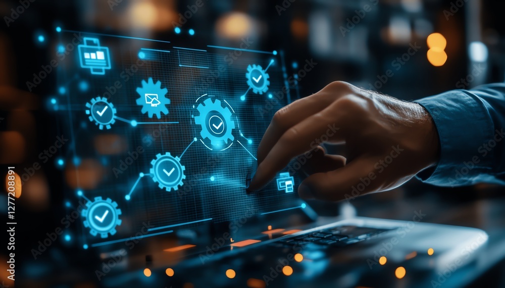 Fototapeta premium Flowchart representing business process automation, businessman interacting with checkmark and gears icons for seamless workflow management