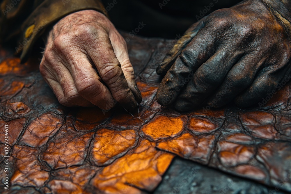 Leather Craftsmanship at Work in the Workshop with a Skilled Artisan Sewing a Belt Leather Craftsmanship at Work in the Workshop with a Skilled Artisan Sewing a Belt