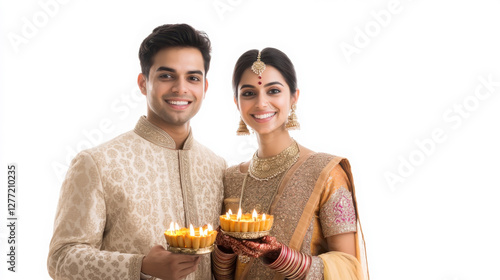 Wallpaper Mural Young couple in traditional indian attire celebrating with diyas Torontodigital.ca