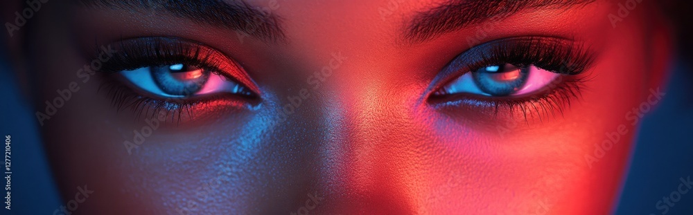 Fototapeta premium Vibrant Portrait of High Fashion Model in Neon Colors with Trendy Makeup and Manicure