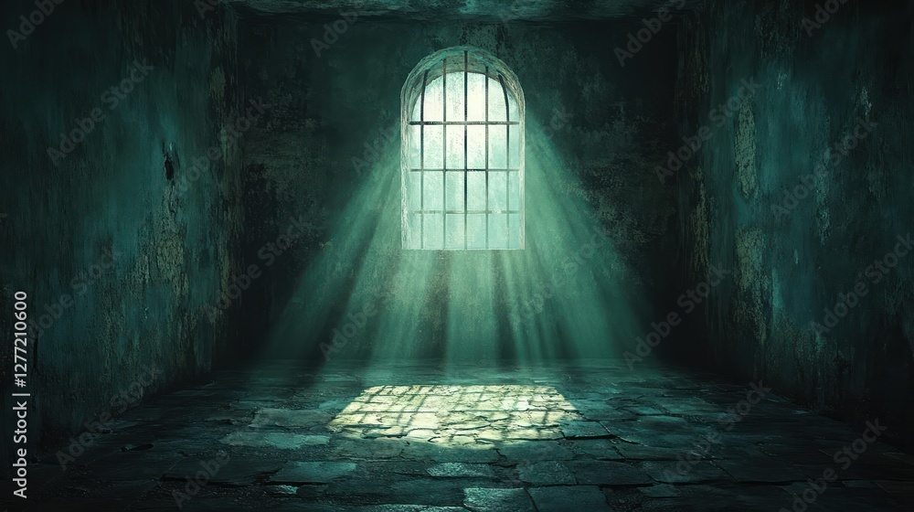 Obraz premium Hyper-realistic 3D rendering of a dark atmospheric prison cell interior with dramatic light and shadows