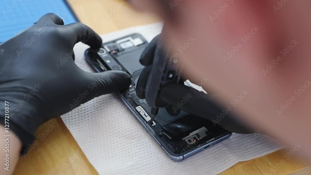 A man screws a bolt into a smartphone with a screwdriver. A man screws a bolt into a smartphone with a screwdriver.