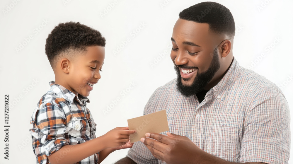 Heartwarming moment of young son handing a card to smiling father in studio setting Heartwarming moment of young son handing a card to smiling father in studio setting