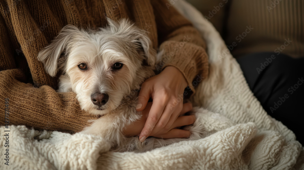 Compassionate pet care specialist comforting a dog in cozy studio setting Compassionate pet care specialist comforting a dog in cozy studio setting