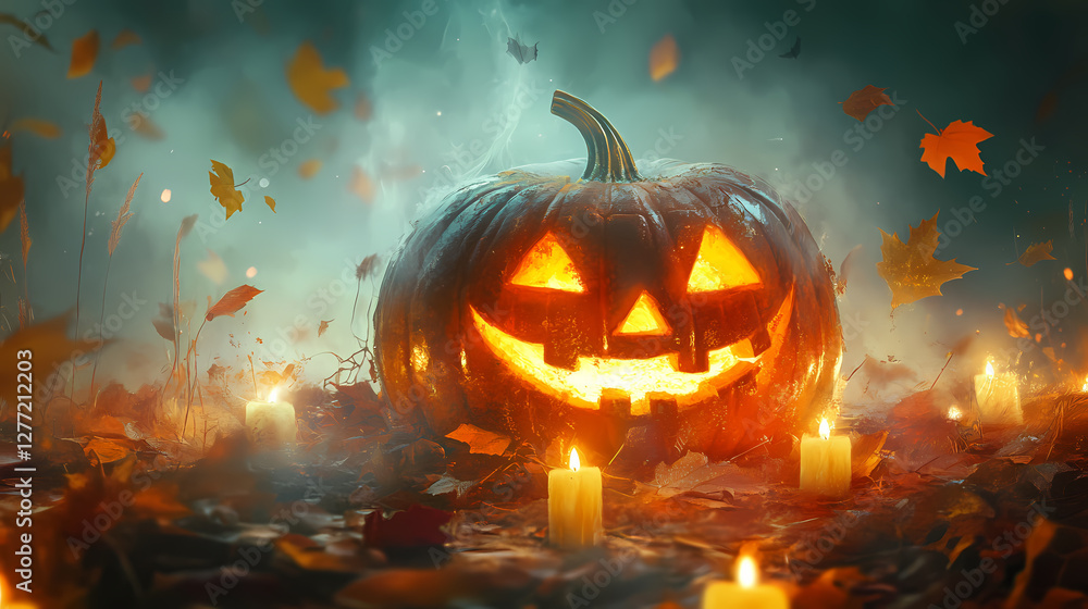 Naklejka premium A glowing jack-o'-lantern with a mischievous smile surrounded by autumn leaves and flickering candles in a dark, foggy setting. Ghostly Flickering Lanterns. Illustration