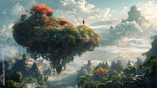 Giant Floating Island A Whimsical Landscape of Surreal Flora Fauna and Mythical Creatures in a Fantasy Art Style