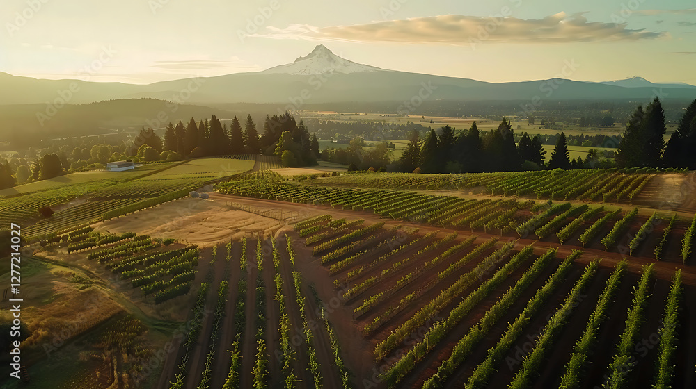 Fototapeta premium Sunset Over a Mountainous Vineyard - Stunning Countryside Aerial View