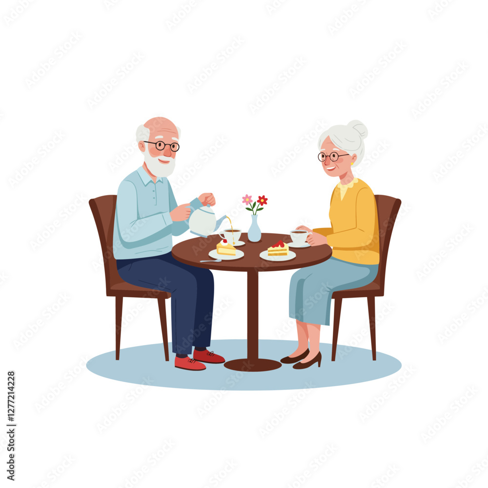 Senior Couple Enjoying Tea and Cake Together at a Cafe Table Senior Couple Enjoying Tea and Cake Together at a Cafe Table