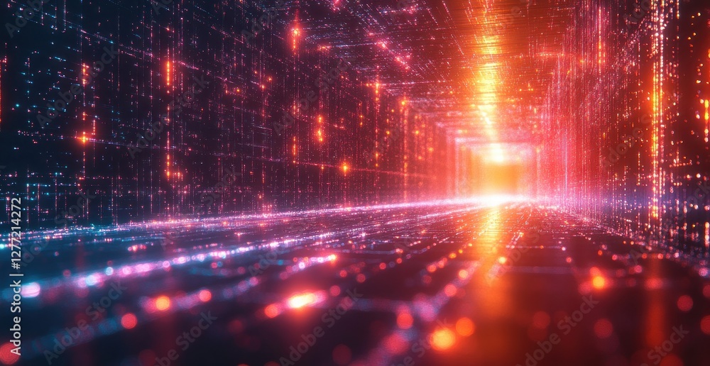 Fototapeta premium Fiber Optic Cables in Cybernetic Environment High-Tech Neon Aesthetic Light Rays