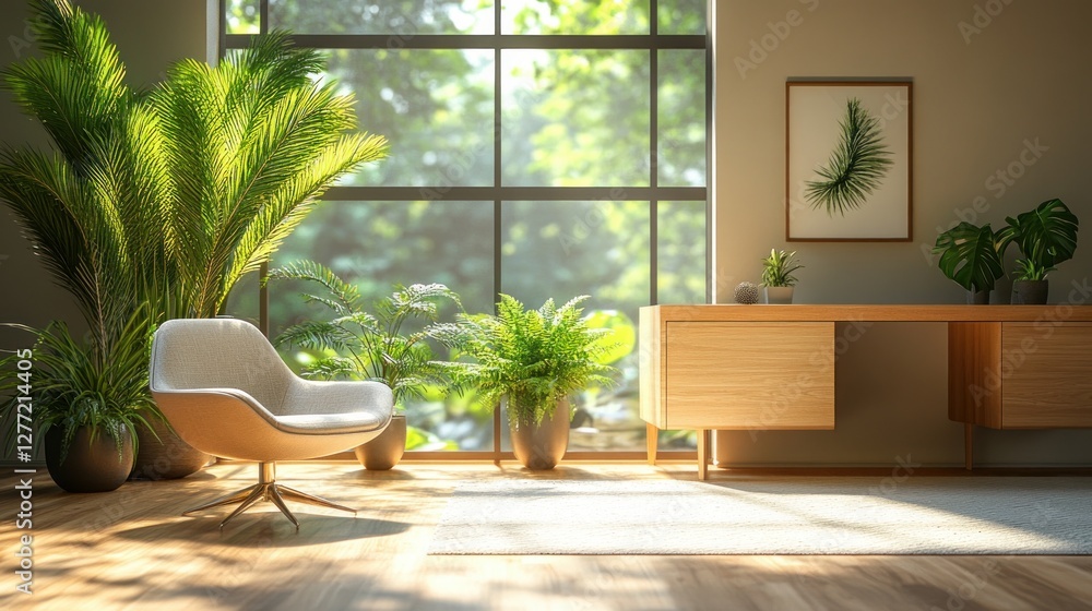 Fototapeta premium minimalist modern office interior with natural light and green plants