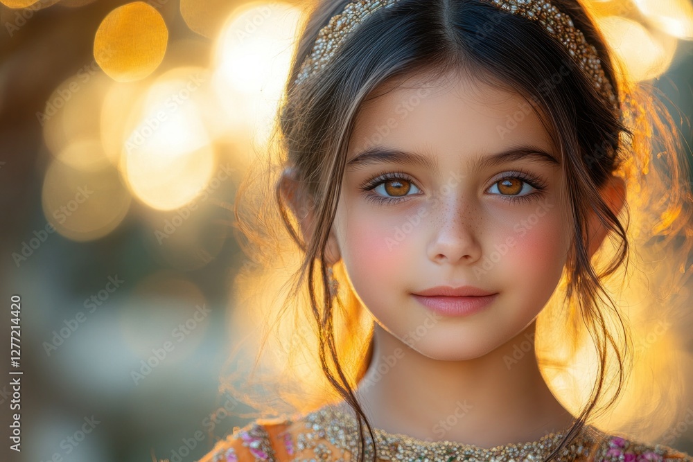 Fototapeta premium Young girl in colorful traditional dress smiling and showing heart gesture outdoors in summer sunshine