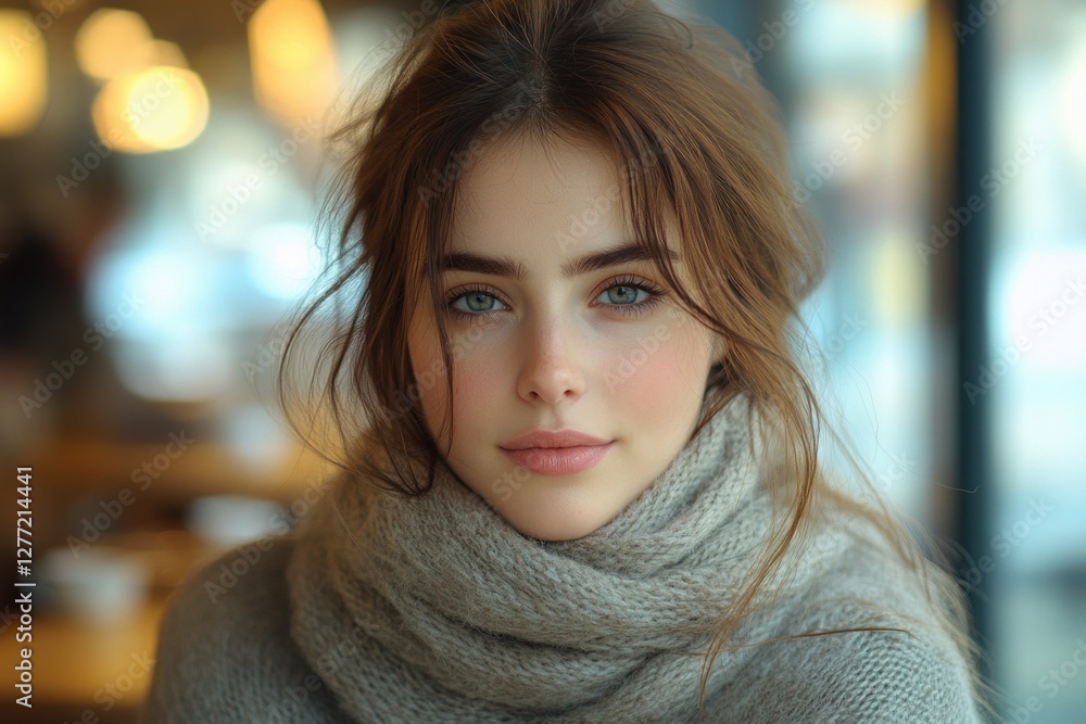 Serene Portrait of Beautiful Young Woman Studying in a Cafe with Soft Natural Lighting and Warm Tones Serene Portrait of Beautiful Young Woman Studying in a Cafe with Soft Natural Lighting and Warm Tones