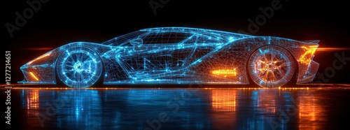 Futuristic Wireframe Sport Car 3D Illustration with Neon Blue Lights and Low Angle Perspective photo