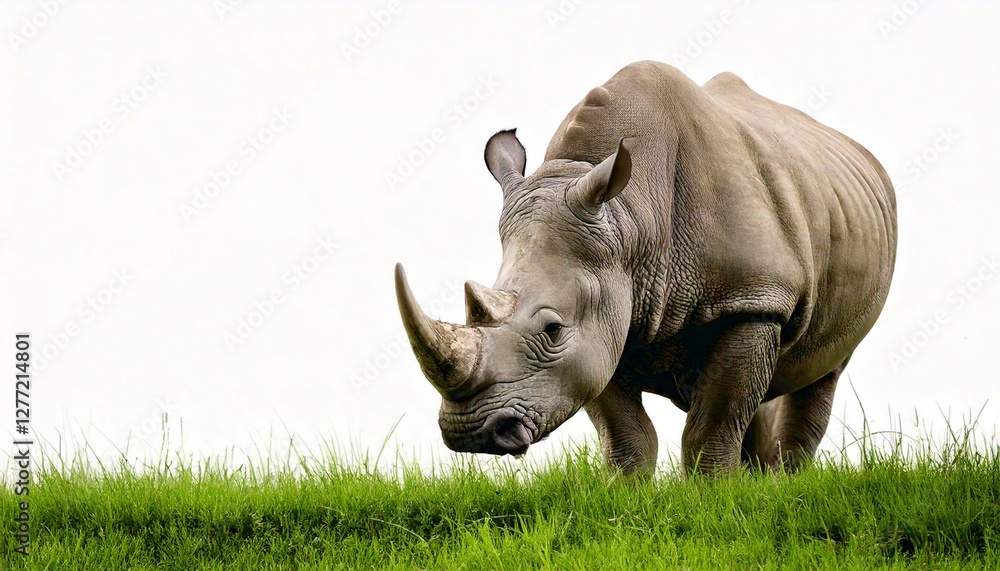 Obraz premium the rhino is standing on the grass. isolated white background. copy space