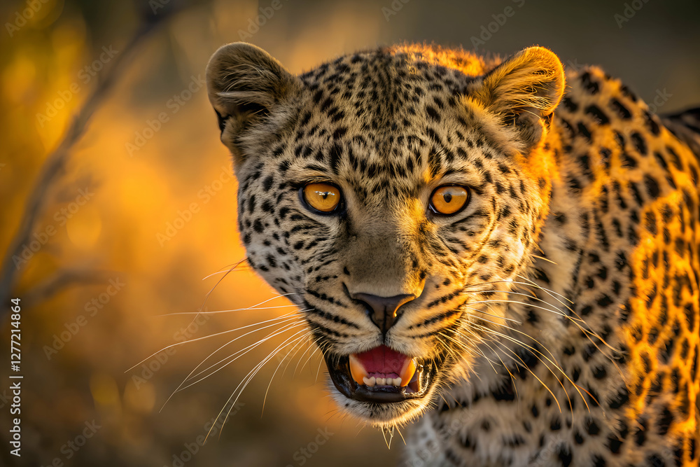 Fototapeta premium Leopard Warrior Intense Stare in Fiery Sunset Glow