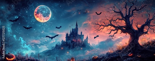 Spooky halloween night scene featuring a castle full moon bats and gloomy environment