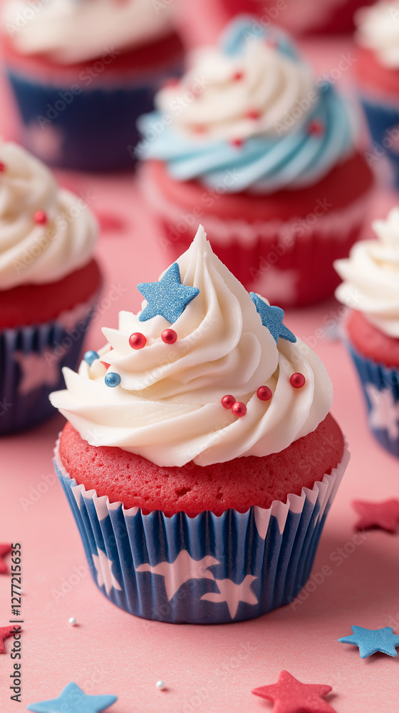 Patriotic red velvet cupcakes featuring white frosting and star spangled sprinkles, representing american spirit and holiday dessert elegance Patriotic red velvet cupcakes featuring white frosting and star spangled sprinkles, representing american spirit and holiday dessert elegance