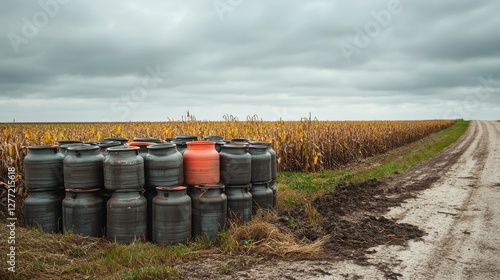 Toxic fertilizer containers stored next to a field of damaged crops. Featuring chemical hazard awareness