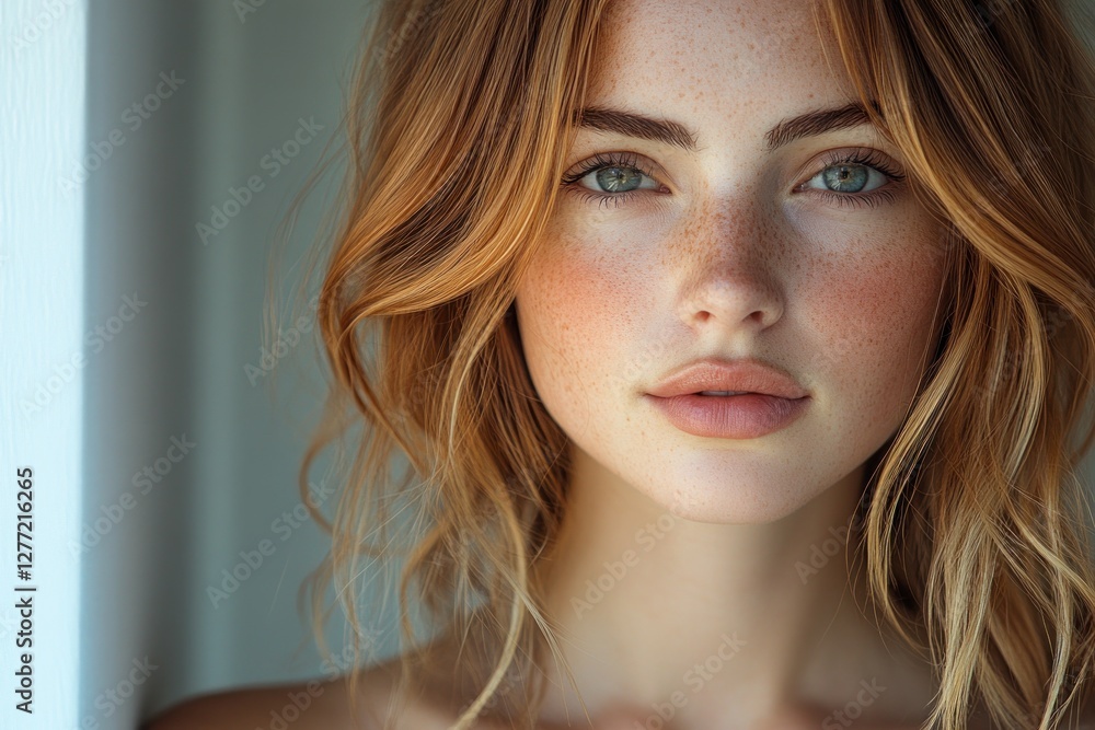 Naklejka premium Smiling Young Woman with Wavy Hair in Minimalist Setting