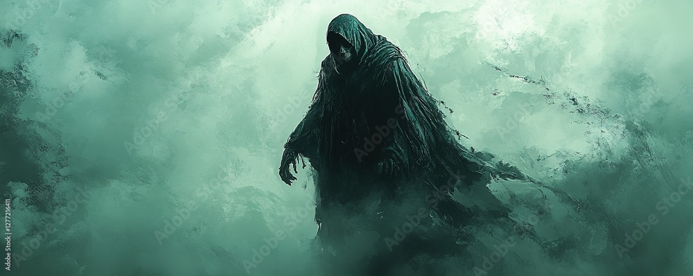 Obraz premium Mysterious figure emerges from fog dark forest fantasy illustration eerie atmosphere wide angle mythical theme