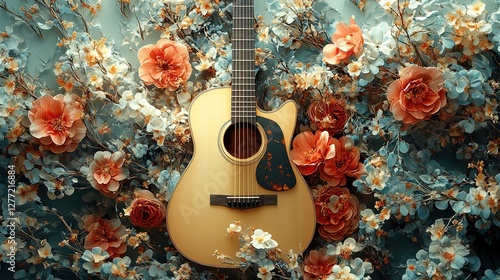 Wallpaper Mural Acoustic guitar surrounded by colorful flowers artistic still life indoor vibrant colors floral arrangement music concept Torontodigital.ca
