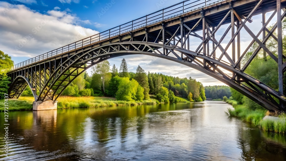 Metal Arch Bridge over River in Green Landscape Metal Arch Bridge over River in Green Landscape