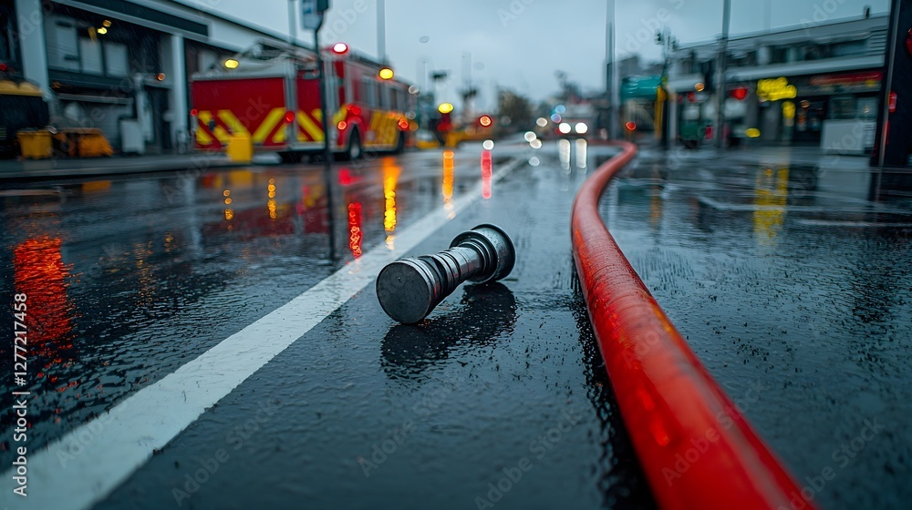 custom made wallpaper toronto digitalA photo showing a red fire hose extending across a wet pavement with its metal nozzle resting on the ground The scene captures the aftermath of a storm